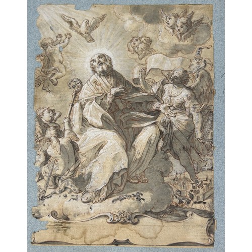 520 - 18TH CENTURY VENETIAN SCHOOL: A PEN AND INK DRAWING HEIGHTENED WITH WHITE DEPICTING A RELIGIOUS SCEN... 