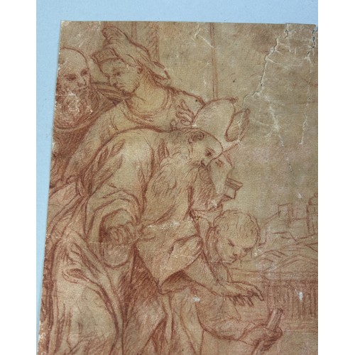 521 - 18TH CENTURY ITALIAN OLD MASTER: A RED CHALK DRAWING DEPICTING FIGURES WITH A CITY IN THE BACKGROUND... 