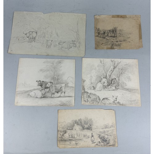 535 - A COLLECTION OF FIVE OLD MASTER STYLE SKETCHES DEPICTING CATTLE AND COUNTRYSIDE INCLUDING TWO ATTRIB... 