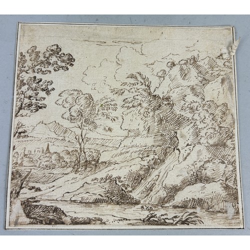 537 - CIRCLE OF GIOVANNI FRANCESCO GRIMALDI (ITALIAN 1606-1680): A BROWN INK LANDSCAPE DRAWING ON PAPER At... 