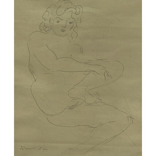 549 - AFTER RAOUL DUFY (FRENCH 1877-1953): A PENCIL DRAWING DEPICTING A NUDE LADY 'NU AGENOUILLE' 26cm x 1... 