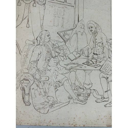 556 - AFTER WILLIAM HOGARTH: AN BROWN INK DRAWING ON PAPER DEPICTING THE INTERIOR OF A SALON WITH FIGURES ... 