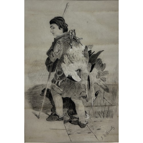 573 - A PENCIL DRAWING ON PAPER DEPICTING A HUNTER WITH GAME 44 x 31 cm Signed in bottom right 'J B Brooks... 