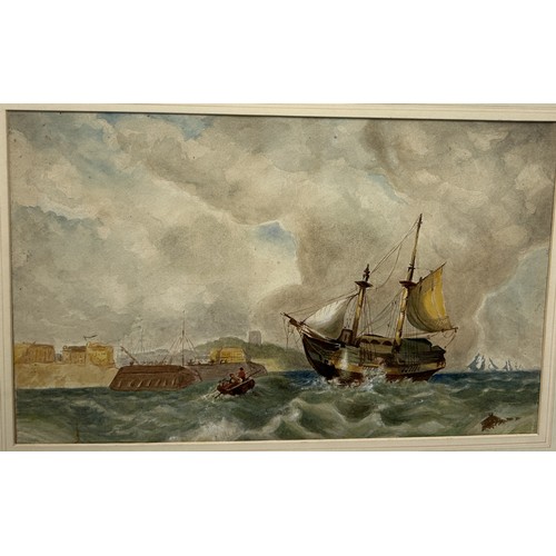 569 - THREE 19TH CENTURY WATERCOLOURS DEPICTING SHIPS ON CHOPPY WATERS Largest 53cm x 38cm Each stuck down... 