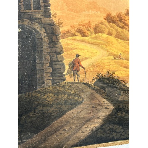 574 - A 19TH CENTURY WATERCOLOUR PAINTING LAID ON CANVAS OF A RIVERSIDE WITH A SOLO FIGURE AND CASTLE IN T... 