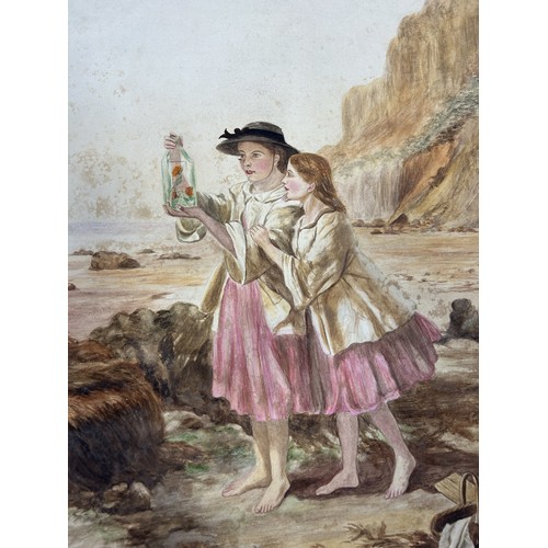 575 - A WATERCOLOUR PAINTING ON PAPER OF TWO YOUNG GIRLS ON A BEACH 51 x 40 cm