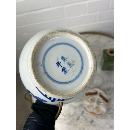 583 - A CHINESE BLUE AND WHITE JAR ADAPTED FOR LAMP, KANGXI MARK BUT LATER ALONG WITH A JAPANESE MASK BOX,... 