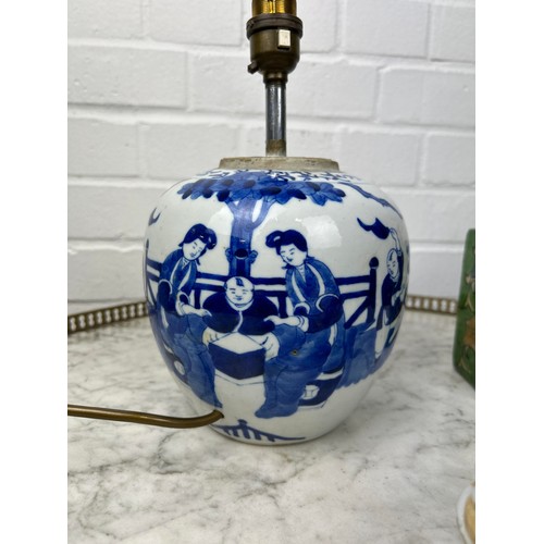 583 - A CHINESE BLUE AND WHITE JAR ADAPTED FOR LAMP, KANGXI MARK BUT LATER ALONG WITH A JAPANESE MASK BOX,... 