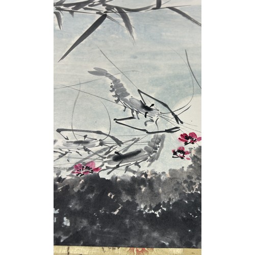 587 - A CHINESE PAINTING ON SCROLL DEPICTING LOBSTERS OR SHRIMPS IN A POOL OF WATER Painting 70cm x 35cm S... 