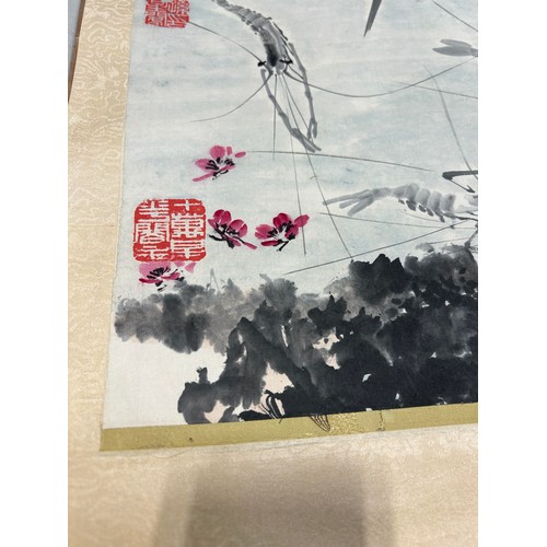 587 - A CHINESE PAINTING ON SCROLL DEPICTING LOBSTERS OR SHRIMPS IN A POOL OF WATER Painting 70cm x 35cm S... 