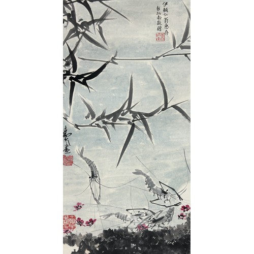 587 - A CHINESE PAINTING ON SCROLL DEPICTING LOBSTERS OR SHRIMPS IN A POOL OF WATER Painting 70cm x 35cm S... 