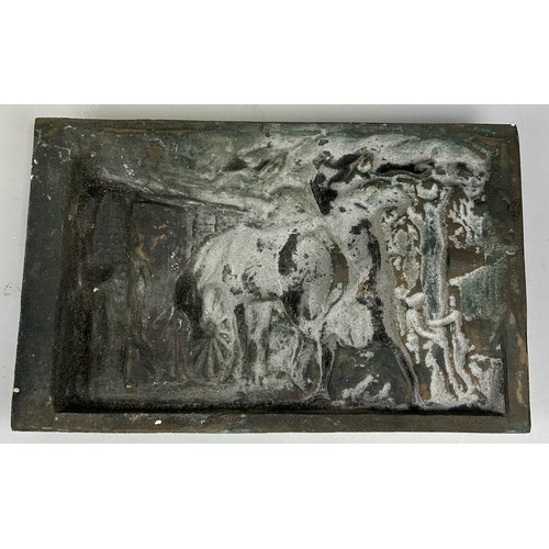 606 - A CAST BRONZE FRIEZE DEPICTING FIGURES WITH A HORSE 38cm x 24cm