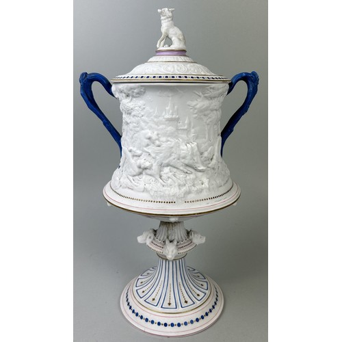 616 - A STAFFORDSHIRE PARIAN WARE TWIN HANDLE URN AND COVER ATTRIBUTED TO GEORGE JONES 38cm x 22cm The urn... 