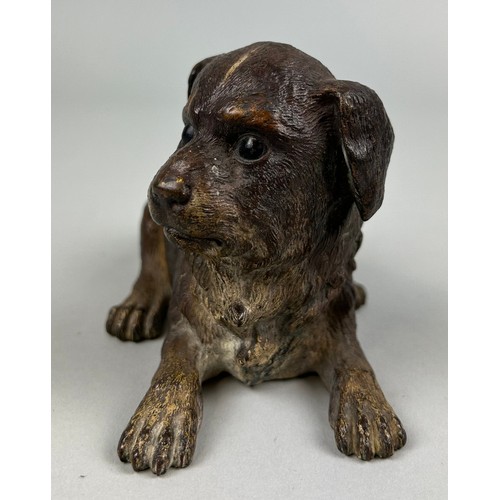 626A - A COLD PAINTED BRONZE VIENNESE DOG INKWELL MARKED 'DEPOSE' TO VERSO With registered mark. 20cm x 9.5... 