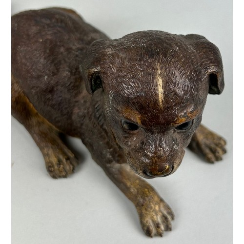 626A - A COLD PAINTED BRONZE VIENNESE DOG INKWELL MARKED 'DEPOSE' TO VERSO With registered mark. 20cm x 9.5... 