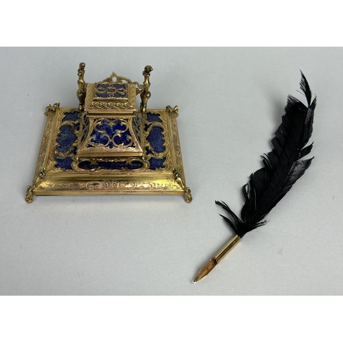 622 - A FRENCH GILT BRONZE INKWELL WITH BLUE GLASS 15cm x 12cm x 9cm