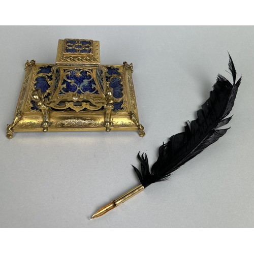 622 - A FRENCH GILT BRONZE INKWELL WITH BLUE GLASS 15cm x 12cm x 9cm