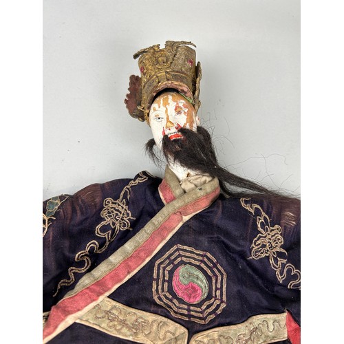 621 - A PAIR OF EARLY 20TH CENTURY CHINESE BISQUE PUPPETS WITH SILK COSTUMES (2) 34cm x 25cm