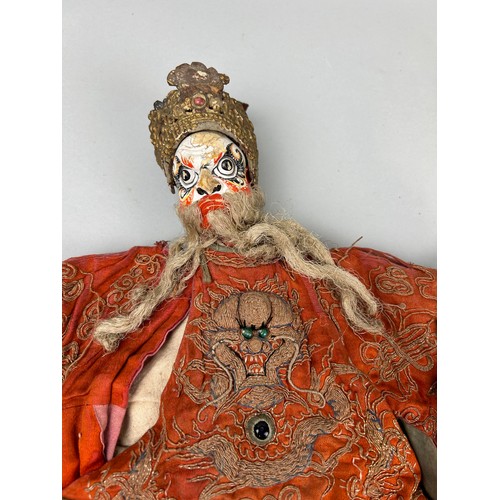 621 - A PAIR OF EARLY 20TH CENTURY CHINESE BISQUE PUPPETS WITH SILK COSTUMES (2) 34cm x 25cm