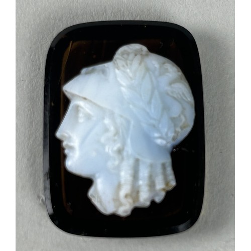 637 - A BLOODSTONE SEAL STAMP WITH GARNETS WITH TWO CLASSICAL CAMEOS (3) Stamp 5cm L