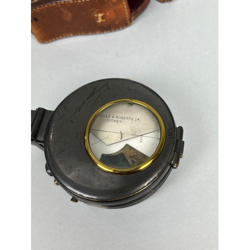 636 - A PRISMATIC COMPASS CIRCA 1870 WITH LEATHER CASE Marked Lavelle and Roberts, Sydney.