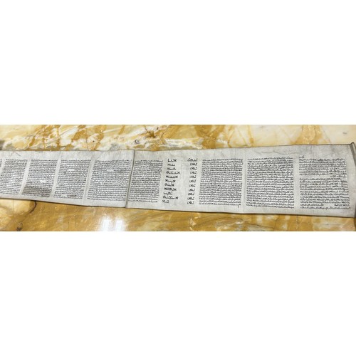 643 - A JEWISH SCROLL 270cm x 21cm With walnut veneer case with glass lid.