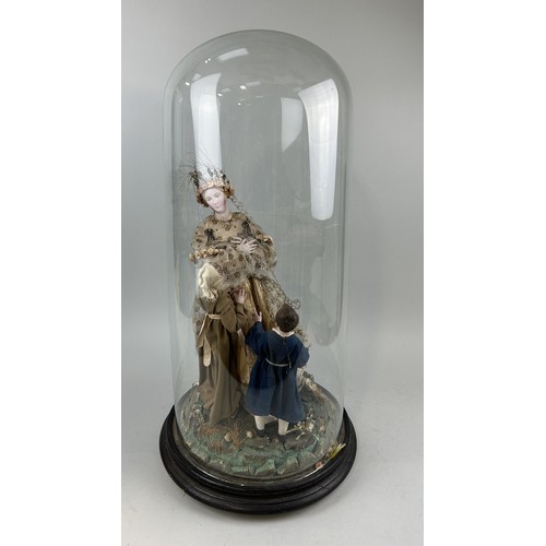 669 - A VICTORIAN GLASS DOME WITH DIORAMA DEPICTING HARVEST FIGURES 73cm x 27cm