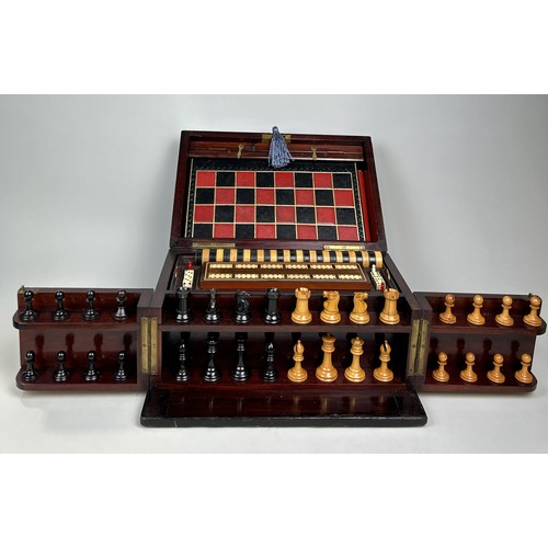 684 - AN EARLY VICTORIAN MAHOGANY BOXED GAMES COMPENDIUM WITH STAUNTON CHESS PIECES

With chess (staunton ... 