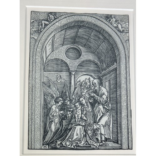 750 - ALBRECHT DURER: A WOODCUT PRINT 'THE HOLY FAMILY WITH TWO ANGELS IN A VAULTED HALL' Signed with mono... 