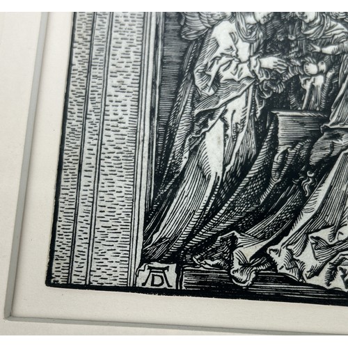 750 - ALBRECHT DURER: A WOODCUT PRINT 'THE HOLY FAMILY WITH TWO ANGELS IN A VAULTED HALL' Signed with mono... 