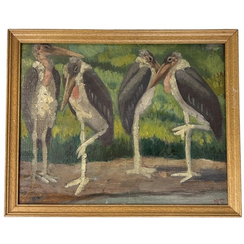 759 - ATTRIBUTED TO MATEO HERNANDEZ (SPANISH 1885-1949): AN OIL PAINTING ON BOARD DEPICTING MARIBOU STORKS... 