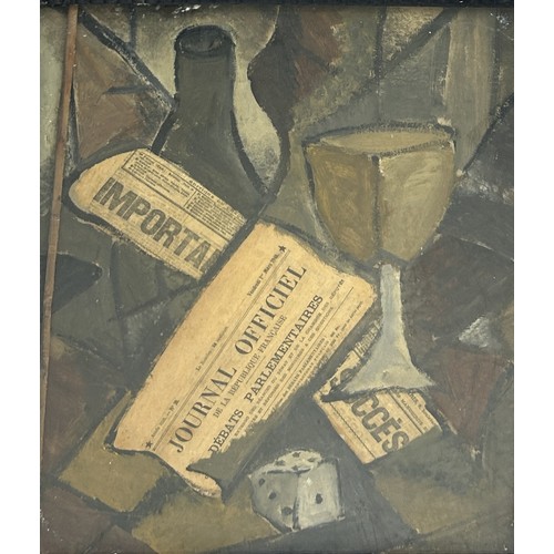 757 - CIRCLE OF GEORGES BRAQUE: CUBIST OIL PAINTING COLLAGE WITH NEWSPAPER 45cm x 30cm Mounted in a faux t... 