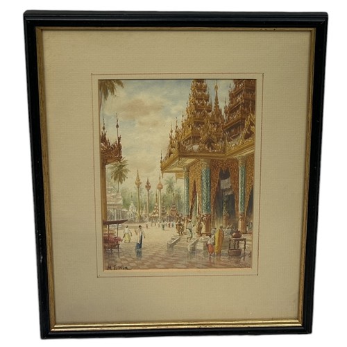 763 - MG TUN HLA (BURMESE 1874-1946): A WATERCOLOUR PAINTING ON PAPER DEPICTING 'THE SHWEDAGON PAGODA', RA... 