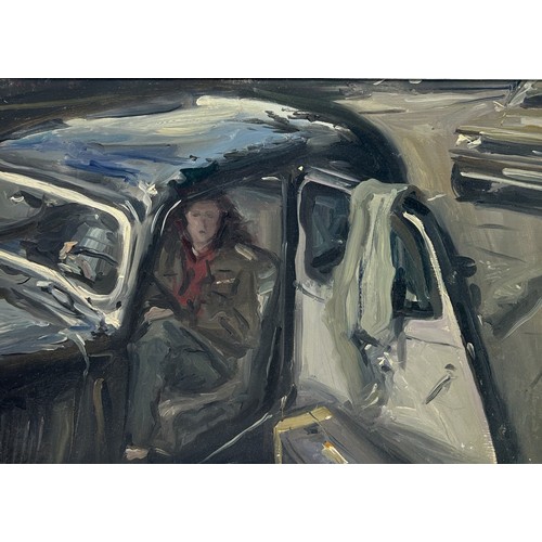 778 - HOWARD J MORGAN (BRITISH 1949-2020): AN OIL PAINTING ON CANVAS DEPICTING A LADY IN A CAR 60cm x 40cm... 