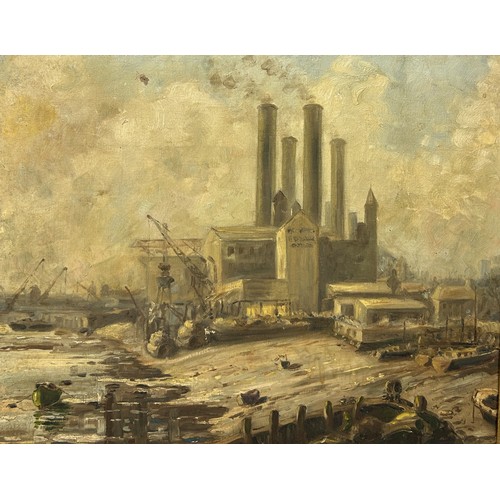 777 - AN OIL PAINTING ON CANVAS DEPICTING LOTS ROAD POWER STATION FROM CHEYNE WALK, CHELSEA 51cm x 41cm Fr... 