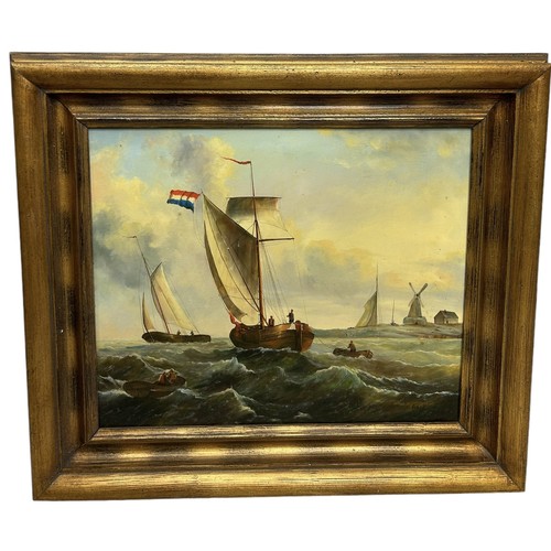 793 - A DUTCH OIL PAINTING ON CANVAS DEPICTING SAILBOATS AT SEA 62cm x 50cm Framed 82cm x 72cm