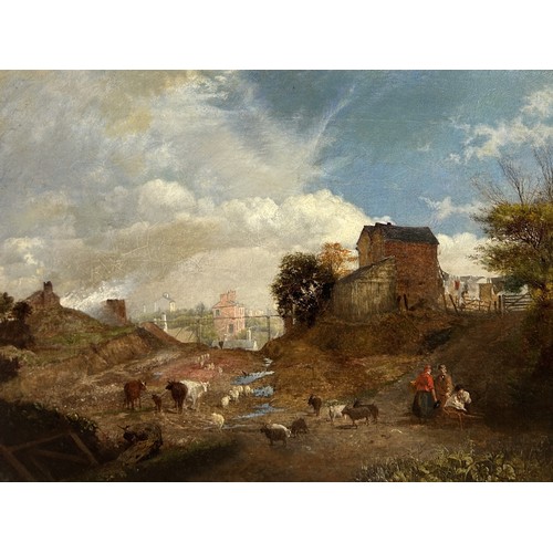 790 - A LATE 19TH CENTURY OIL PAINTING ON CANVAS DEPICTING AN ALLEGORICAL SCENE WITH RURAL FIGURES AND IND... 