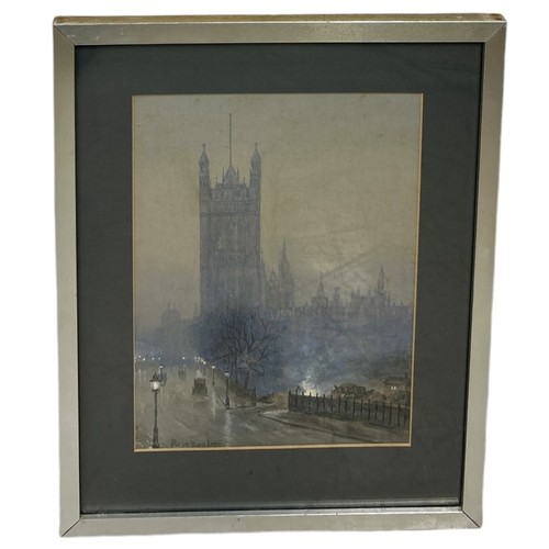 796 - A WATERCOLOUR PAINTING ON PAPER SIGNED ROSE BARTON DEPICTING A LONDON STREET SCENE IN THE FOG WITH C... 