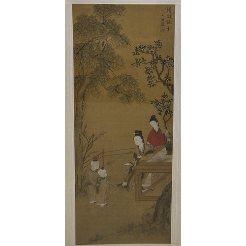 799 - A LARGE CHINESE PAINTING ON SILK 100cm x 39cm Framed and glazed 120cm x 54.5cm