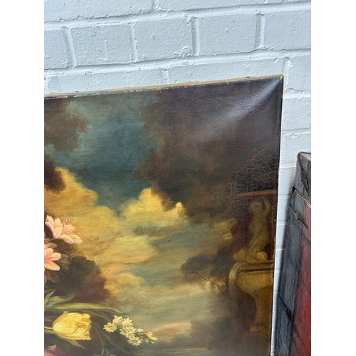 800 - A LARGE DUTCH OLD MASTER STYLE OIL PAINTING ON CANVAS DEPICTING A STILL LIFE WITH FLOWERS ON A MARBL... 