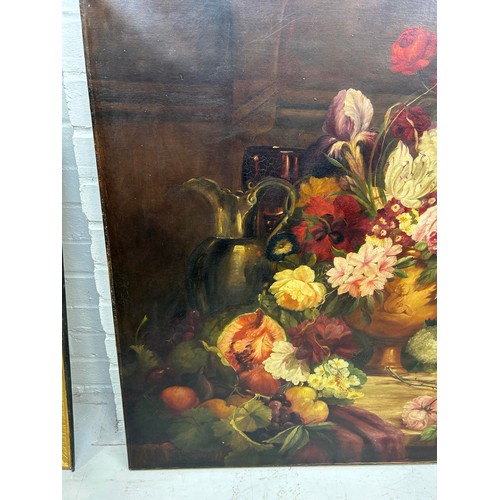 800 - A LARGE DUTCH OLD MASTER STYLE OIL PAINTING ON CANVAS DEPICTING A STILL LIFE WITH FLOWERS ON A MARBL... 