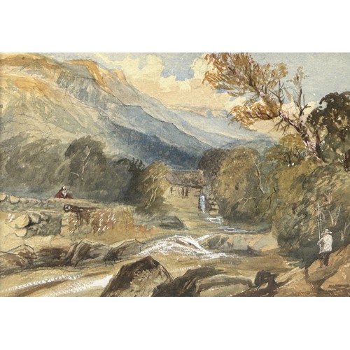 804 - A WATERCOLOUR PAINTING ON PAPER DEPICTING A FISHERMAN ALONG A COUNTRYSIDE RIVER 28cm x 21cm Framed a... 