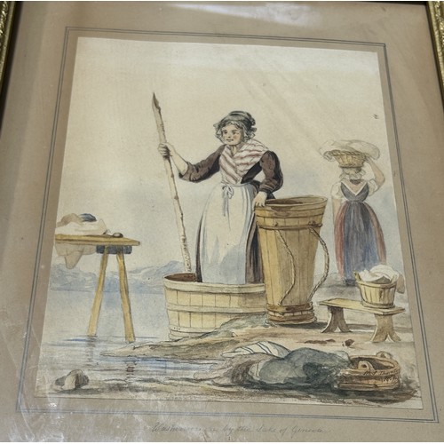 813 - A PAIR OF WATERCOLOUR PAINTINGS ON PAPER, ONE DEPICTING WASHERWOMAN BY LAKE GENEVA, THE OTHER DEPICT... 