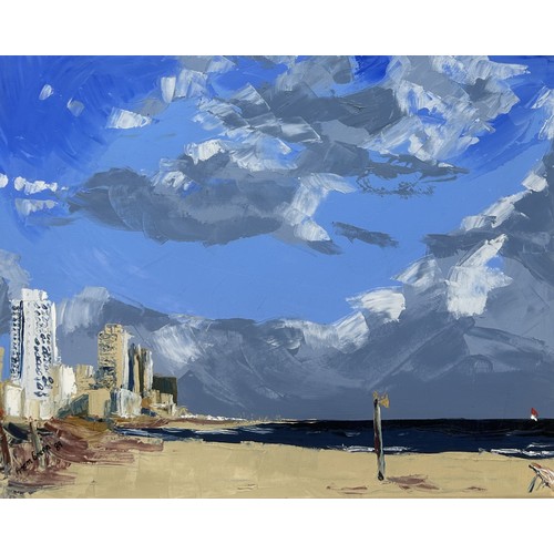 818 - A LARGE OIL PAINTING ON CANVAS DEPICTING A BEACH SCENE Signed 'Adam Green' and dated 89. 95cm x 75cm... 