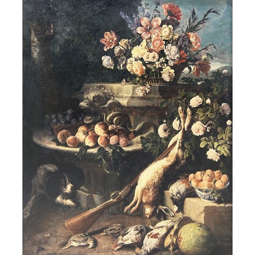 814 - AFTER DESPORTES: A STILL LIFE PRINT DEPICTING FLOWERS AND HANGING GAME 59cm x 48cm Framed 70cm x 58c... 