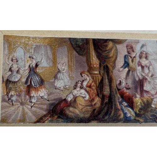 821D - TWO FINE MINIATURE WATERCOLOUR PAINTINGS, ONE DEPICTING A CLASSICAL SCENE WITH FIGURES DANCING, THE ... 