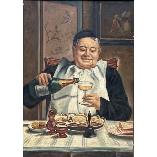 828 - AN EARLY 20TH CENTURY OIL PAINTING ON CANVAS DEPICTING A GENTLEMAN ENJOYING A GLASS OF CHAMPAGNE WIT... 