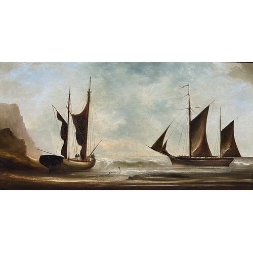 844 - AN OIL PAINTING ON CANVAS DEPICTING SHIPS BY THE SEA 75cm x 40cm