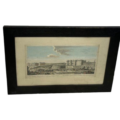 856 - A POSSIBLY 18TH CENTURY ENGRAVING DEPICTING THE BASTILLE, FRANCE 49cm x 27cm Framed and glazed. 75cm... 