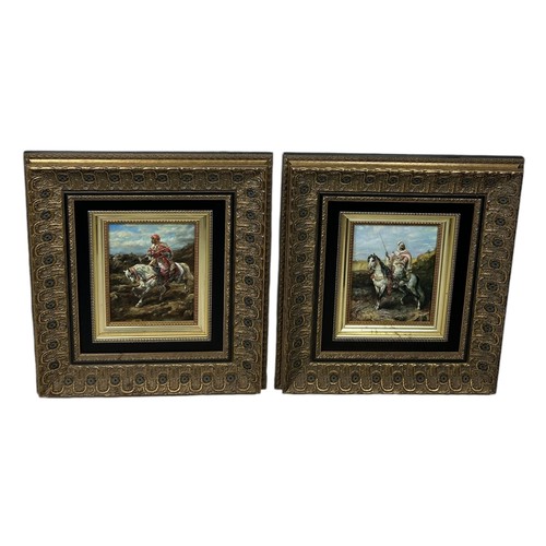 857 - PERSIAN SCHOOL: A PAIR OF OIL PAINTINGS ON BOARD DEPICTING HORSES AND RIDERS 24cm x 19cm each. Frame... 